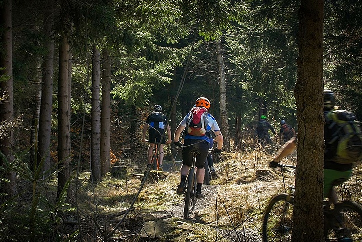 Biker im Wald fahren auf ebener Strecke