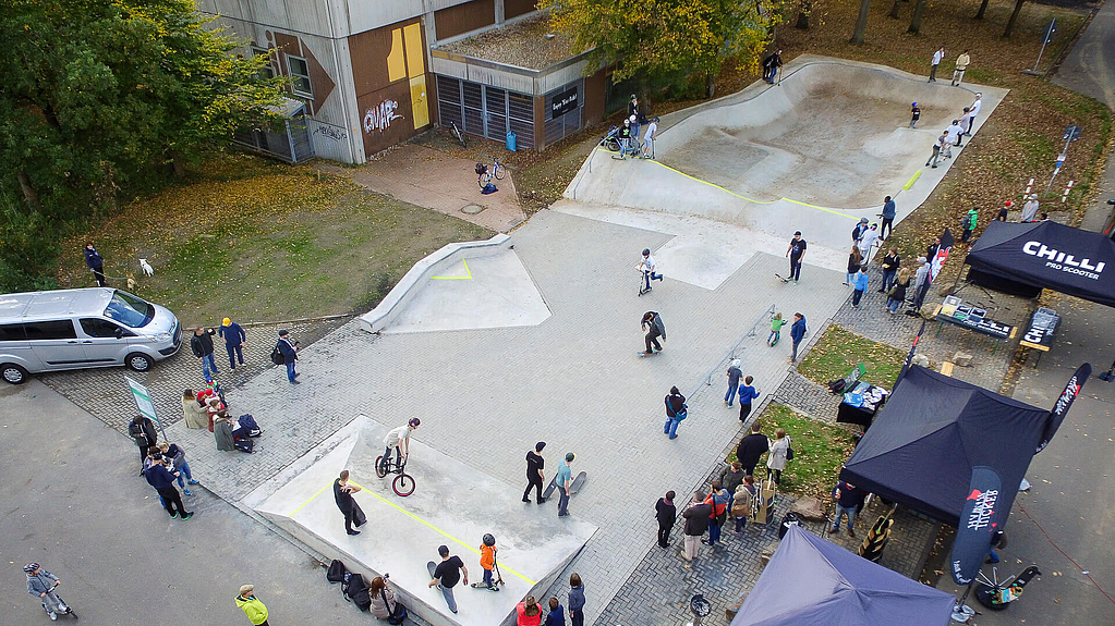 Overview of the skate park Hennef from bird's eye view