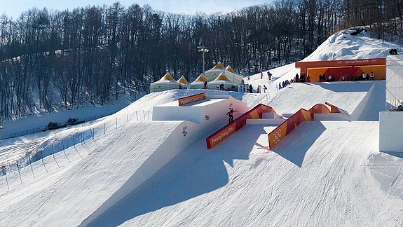 Start of the slopestyle course at the Winter Olympics 2018