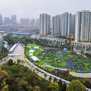 Large pump track in front of skyscrapers in Guiyang China