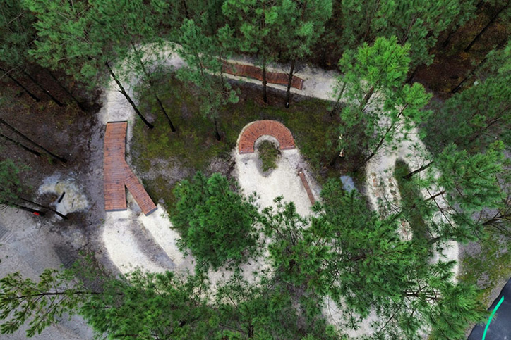 Holz-Elemente und Trails im Wald, Teil des Pumptrack Audenge