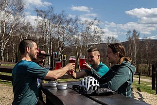 Vier Biker stoßen an einem sonnigen Platz mit einem roten Getränk an