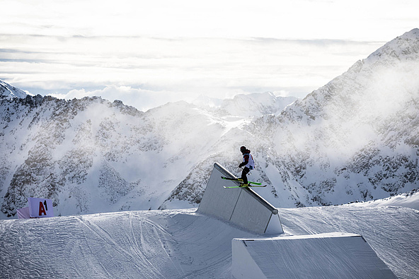 Skier on rail in front of panorama
