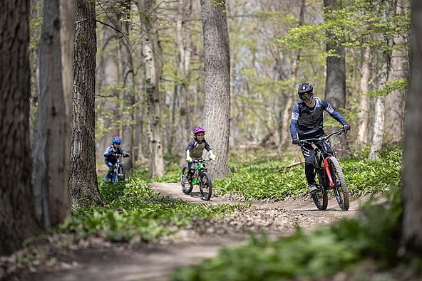 Family biking on easy trail in leafy forest