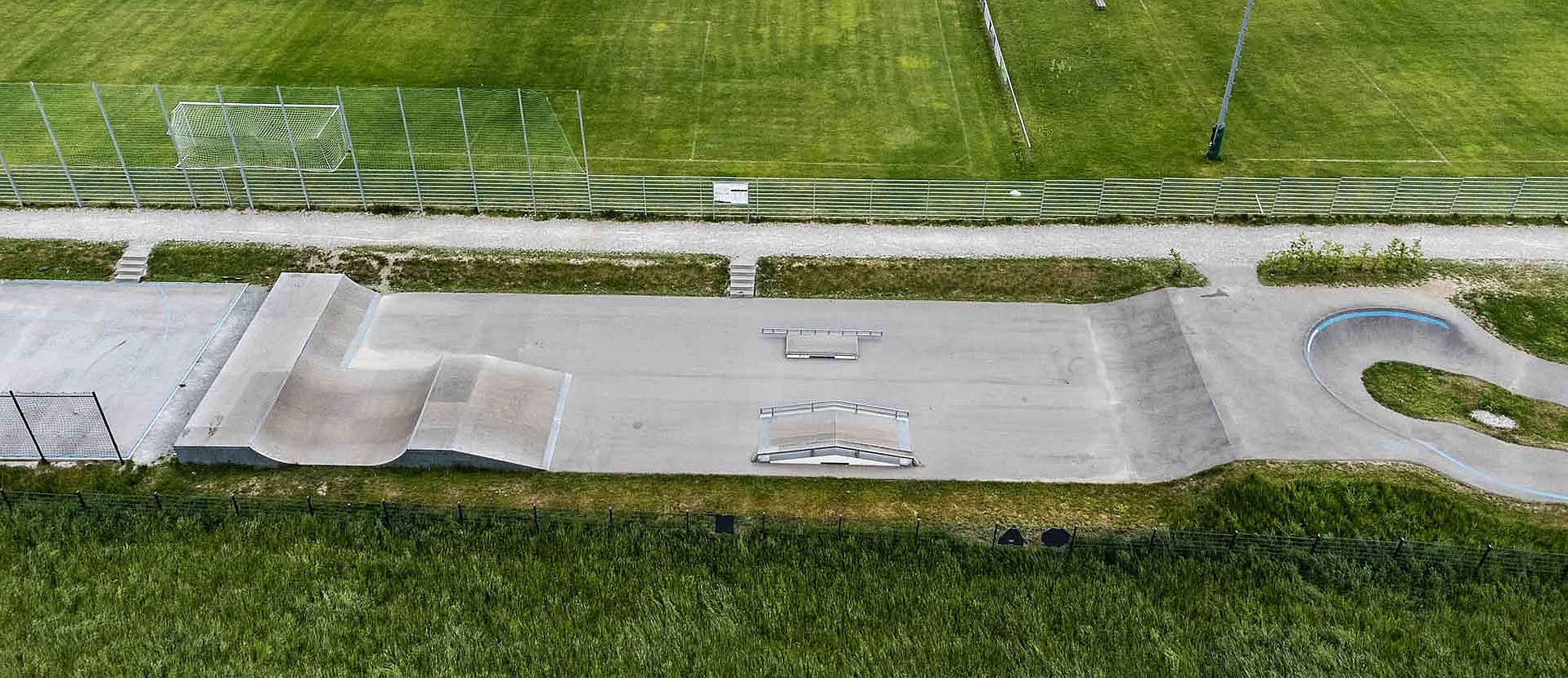 Pump track and skate area at Urban Sports Park Uffing from above
