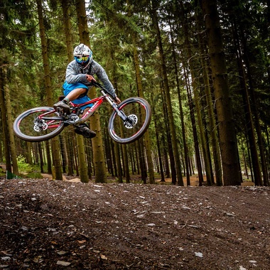 [Translate to Chinesisch:] Biker jumpt in forest