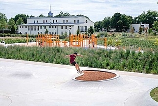 Skater jumps in the Reese park Augsburg skate park