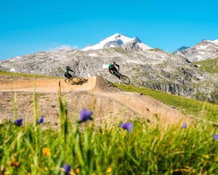 Deux vététistes sur la piste de flow trail à Tignes, avec en arrière-plan un paysage alpin et des fleurs au premier plan.