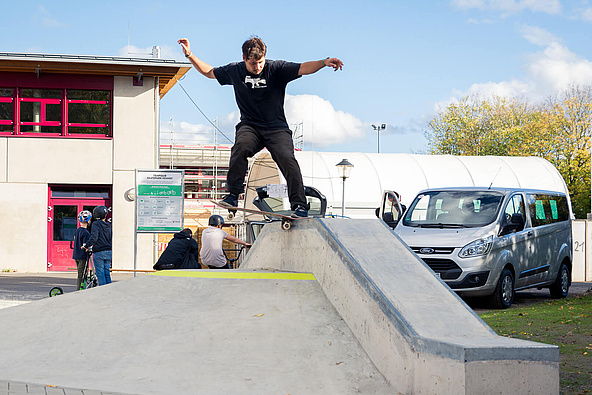 Skater slides in the skate park Hennef