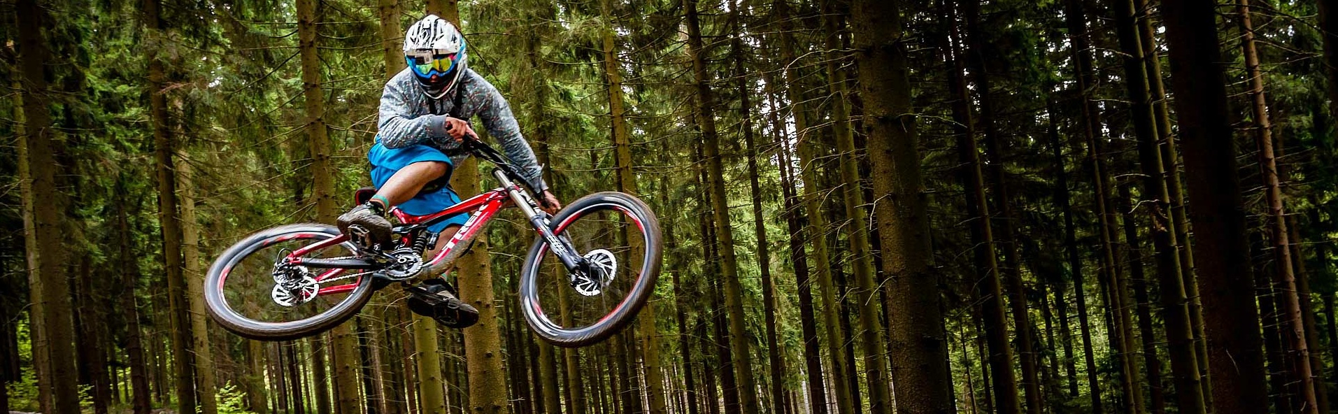 Biker jumps in a forest