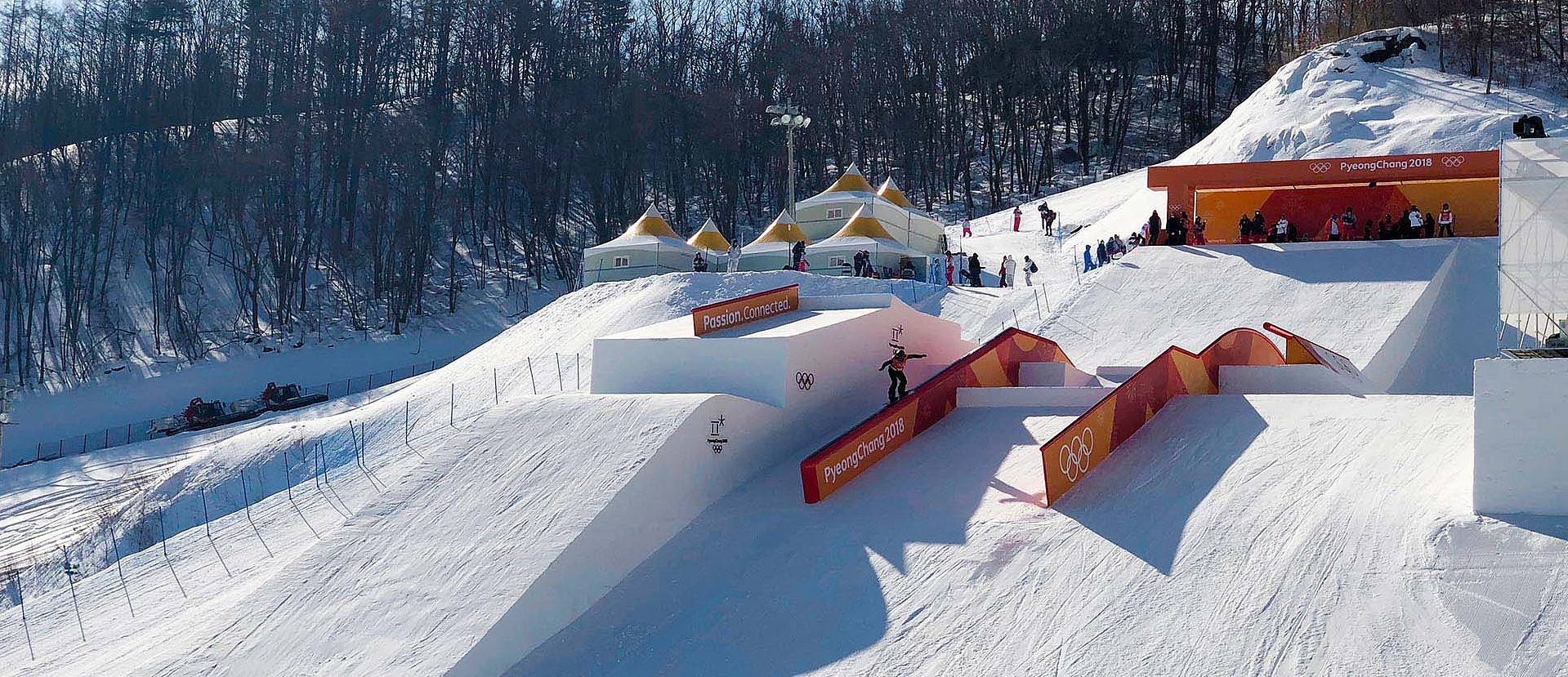 Start of the slopestyle course at the Winter Olympics 2018