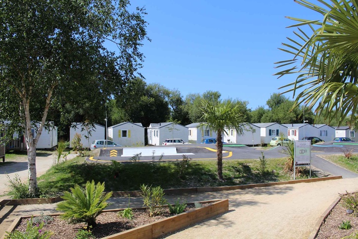 Pumptrack eingebettet zwischen Mobile-Homes und Palmen