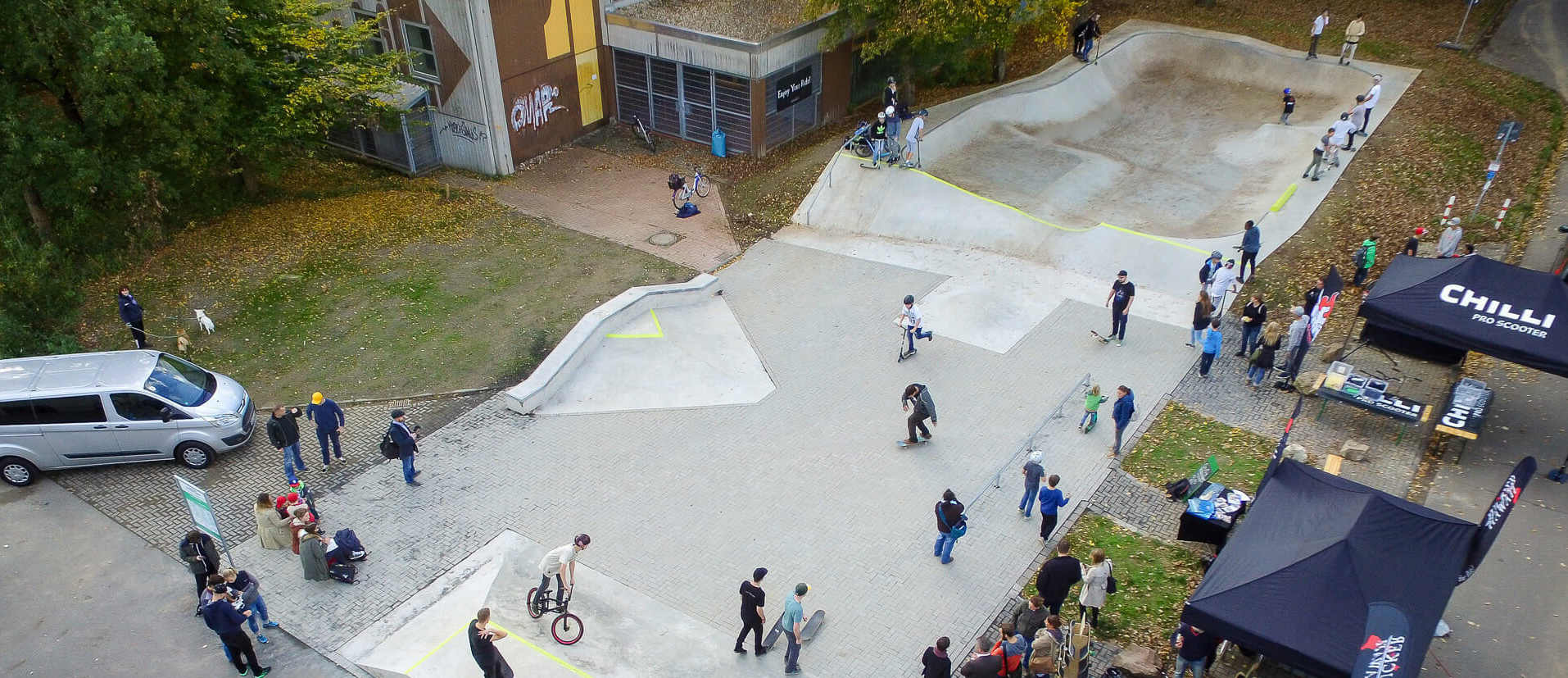 Overview of the skate park Hennef from bird's eye view