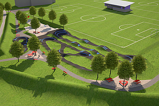 Visualization of the Urban Sports Park Durach with pumptrack, skatepark and adjacent football field in a green environment.