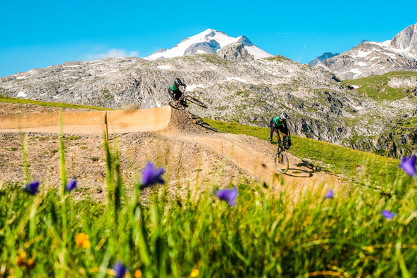 Zwei Mountainbiker auf dem Flowtrail in Tignes vor alpiner Bergkulisse mit Blumen im Vordergrund