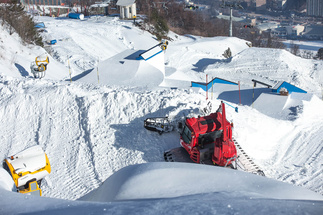 Snow groomer at work from above