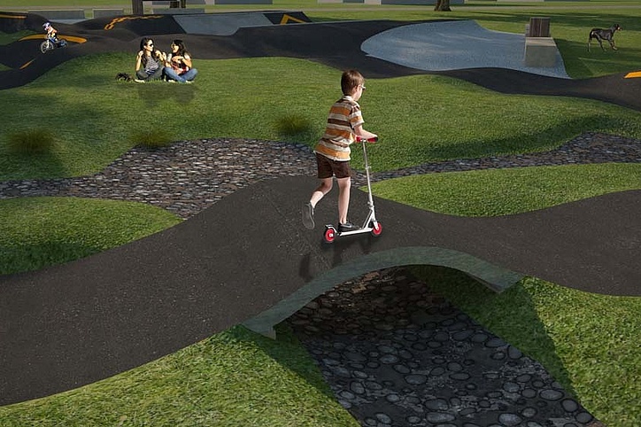 3D von Kind mit Scooter auf Brücke in Schriesheim