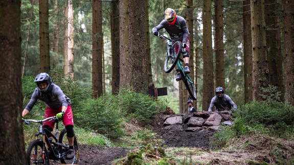 Drei Biker fahren auf anspruchsvollem Trail im Wald