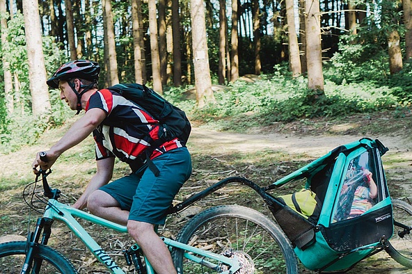 Mountainbiker mit Kinderanhänger der Trail herunterfährt