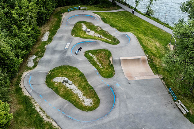 Luftbild des Pumptracks mit Scooterloop neben Gewässer